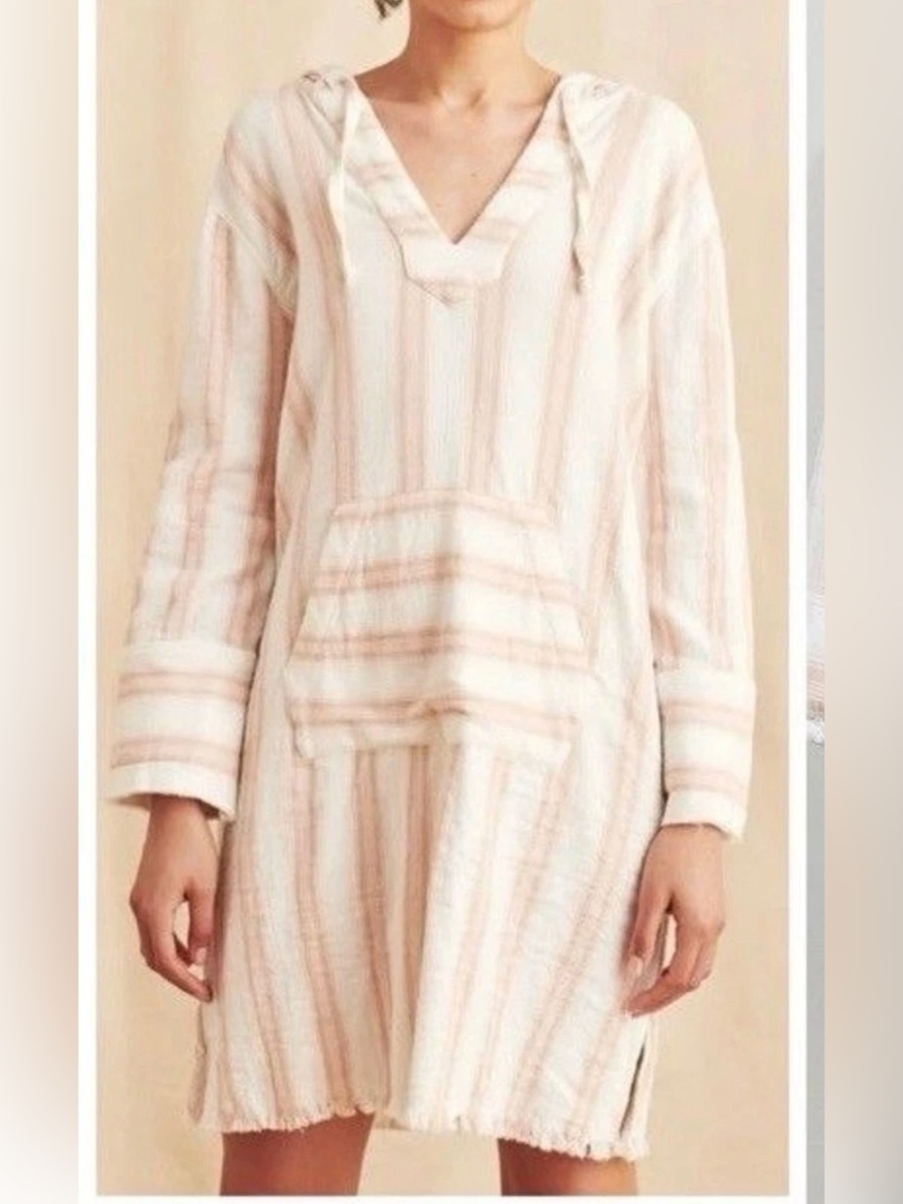 Faherty Baja Surf Dress Organic Cotton Striped Cream Hooded Beach Cover Up L